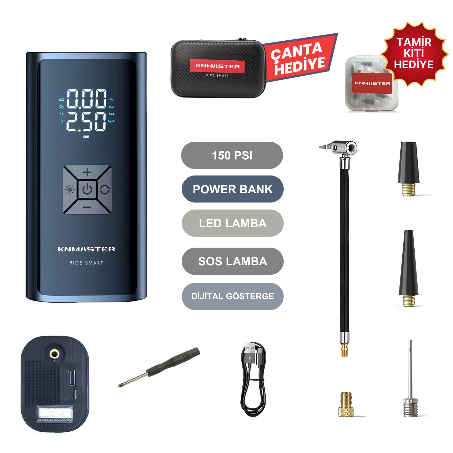 Knmaster LP100: 150 PSI Dijital Göstergeli Şarjlı Hava Pompası