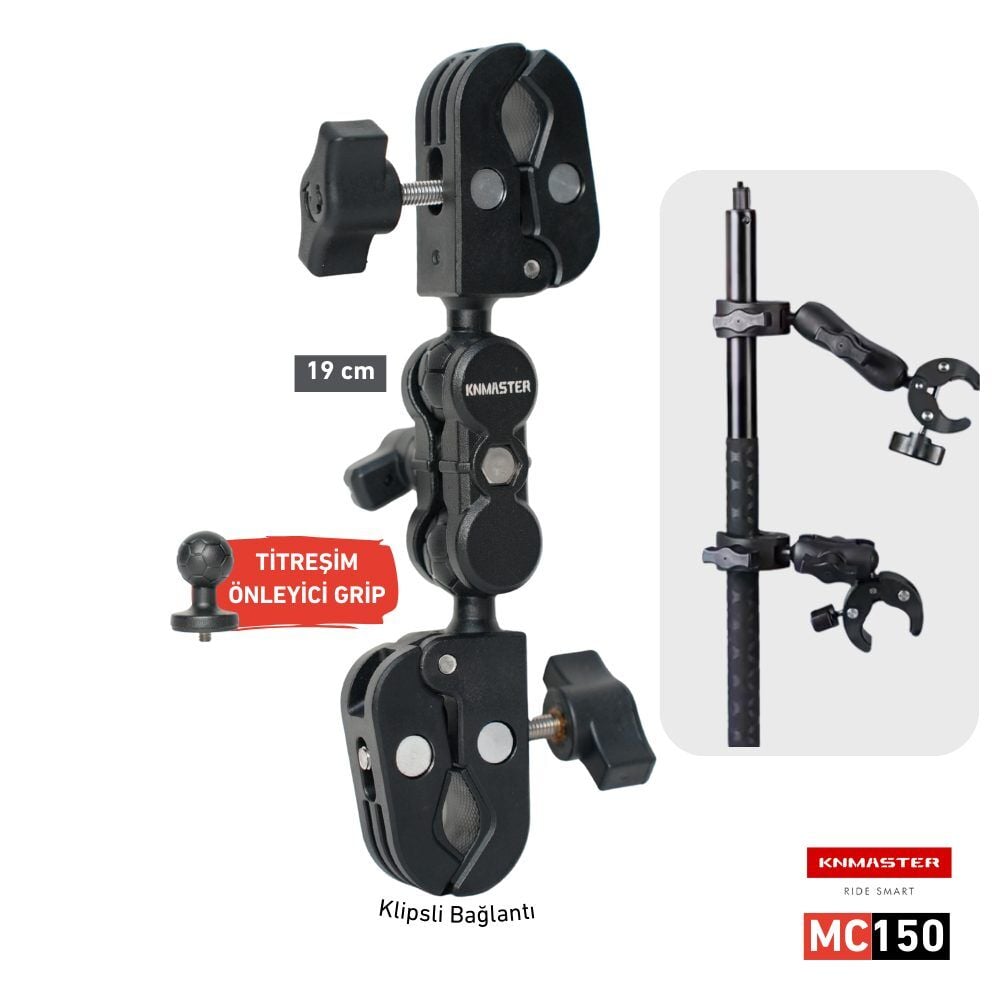 KNmaster MC150 360° Ayarlanabilir Motosiklet Çift Yengeç Kelepçeli Double Clamp Aksiyon Kamera Destek Aparatı (19 cm)