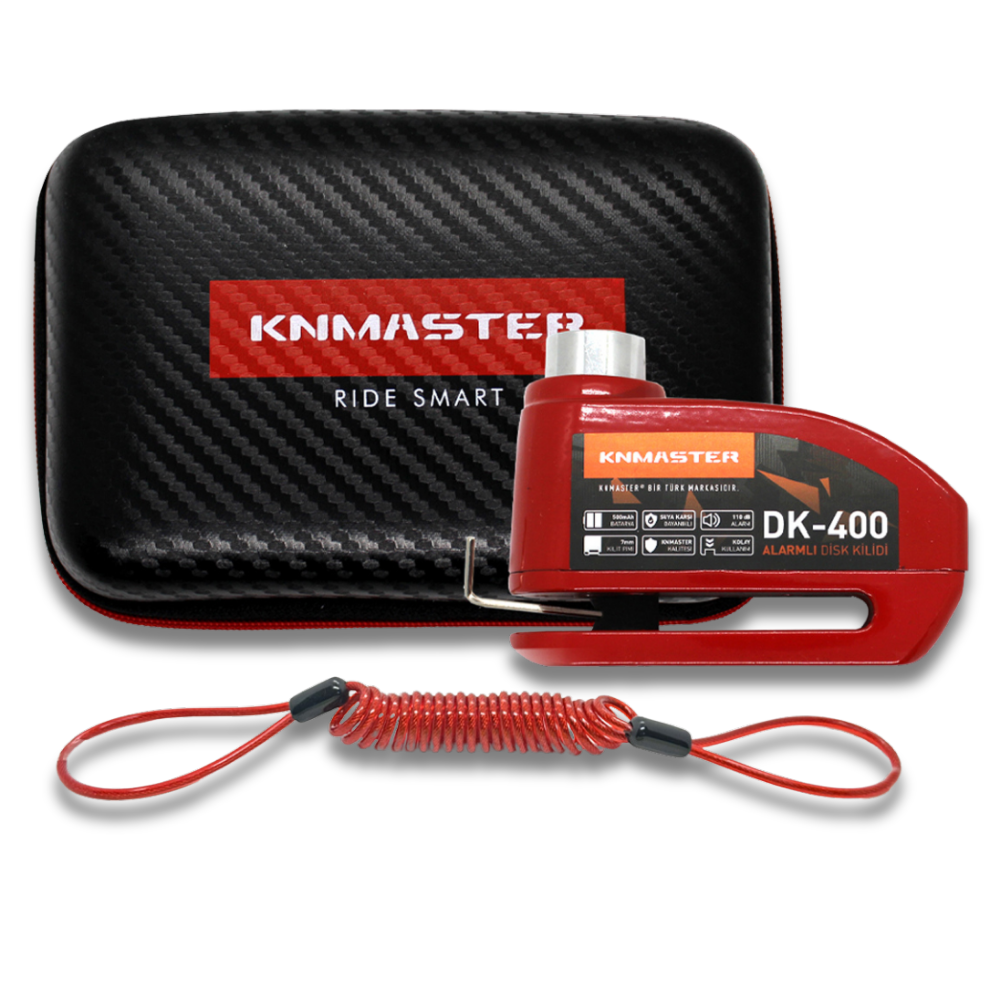 Knmaster Motosiklet Disk Kilidi DK-400 7mm Alarmlı + Çanta ve Hatırlatma Kablosu Hediye